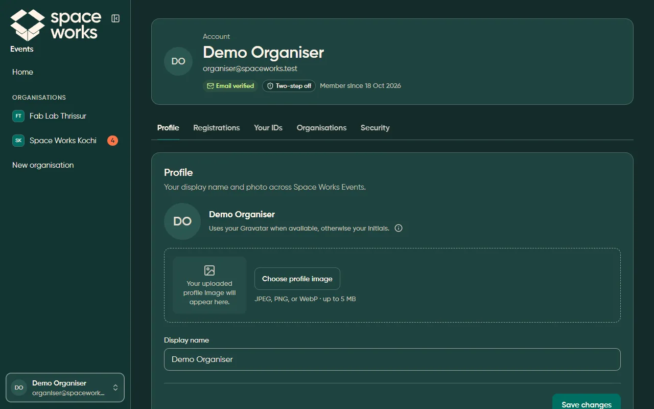 Account profile settings, dark theme