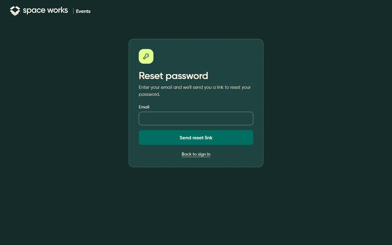 Reset password centred card, dark theme