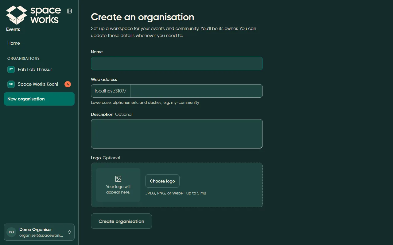 Create an organisation form, dark theme
