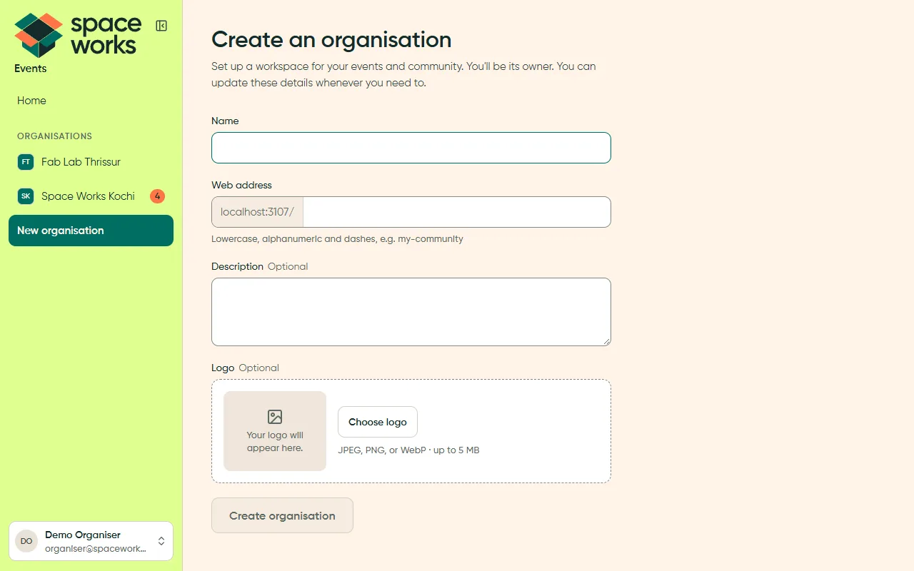 Create an organisation form, light theme