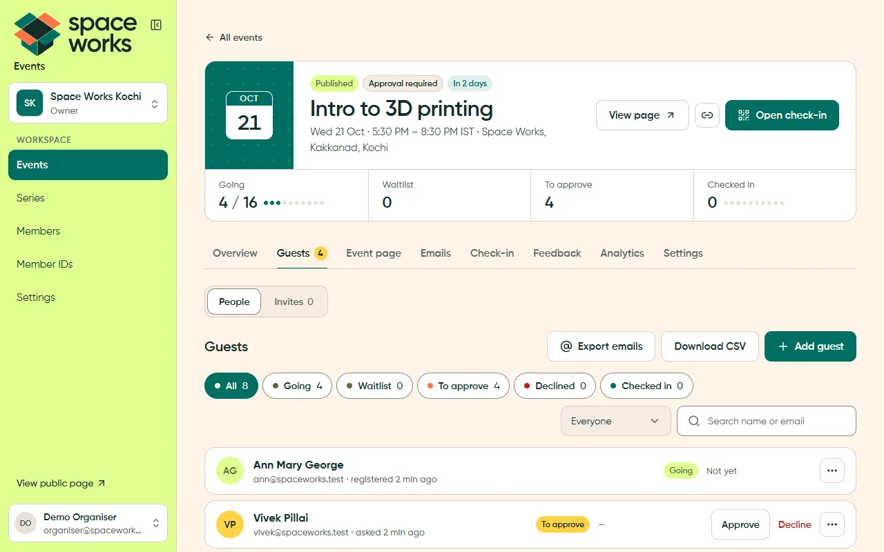Guest list with status chips and inline actions, light theme