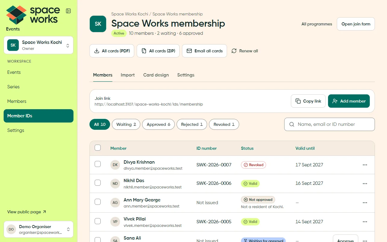 Member list with filter chips, search and status pills, light theme