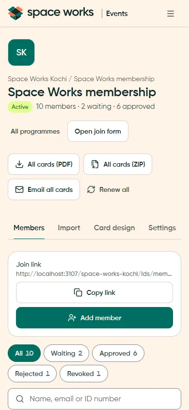 Member list with filter chips, search and status pills, phone