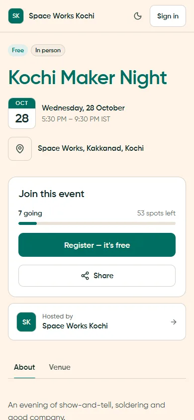 Public event page with the Join this event card, phone