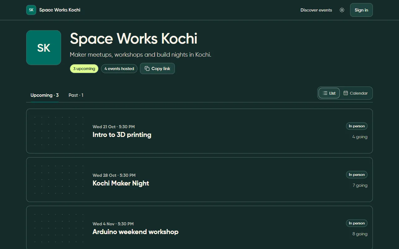 Public organisation page, dark theme
