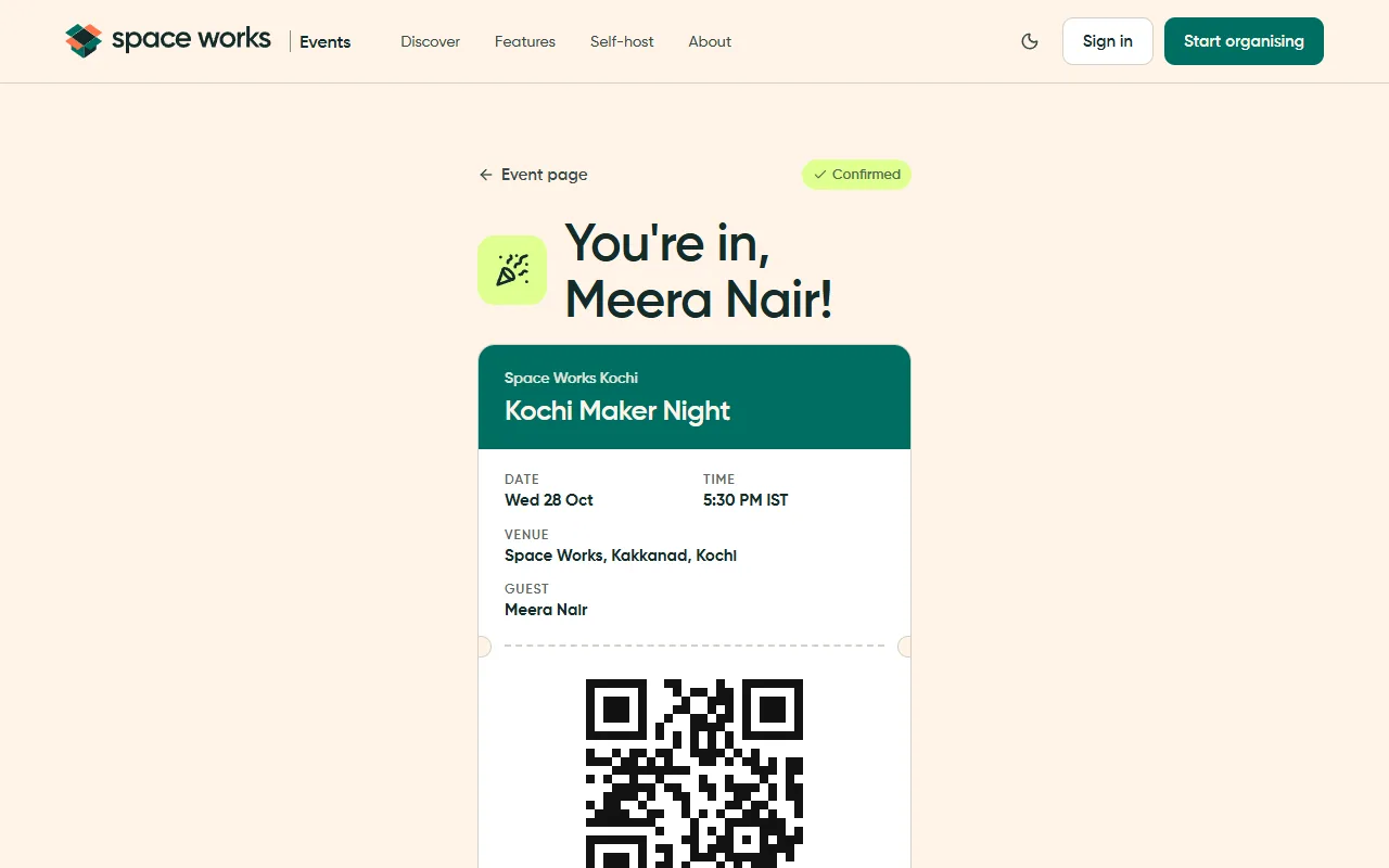 Mobile ticket with QR code, light theme