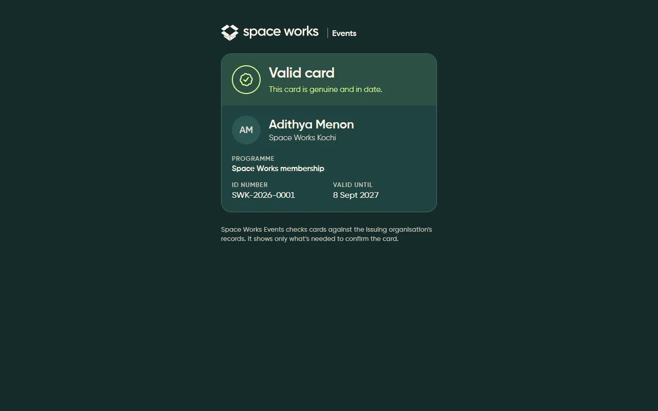 Member card check showing a valid card, dark theme