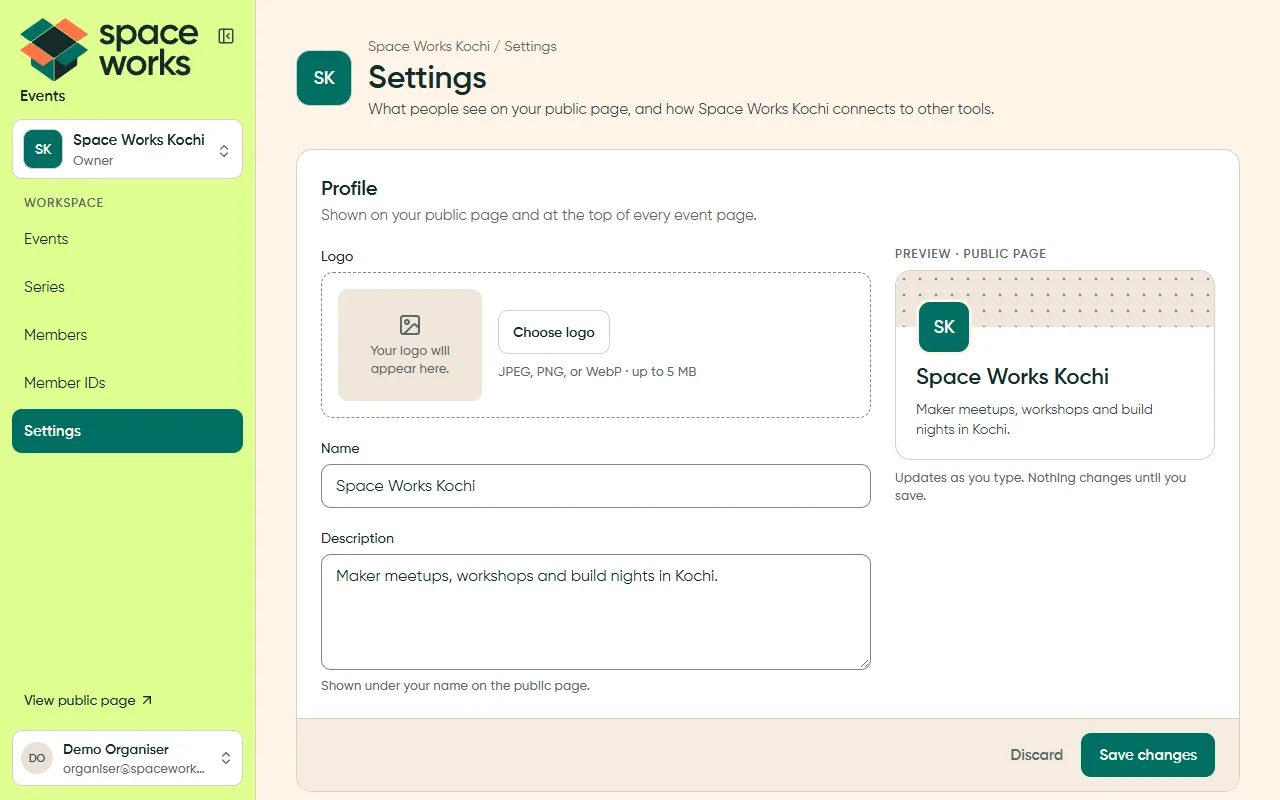 Organisation settings with live public-page preview, light theme