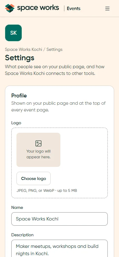 Organisation settings with live public-page preview, phone