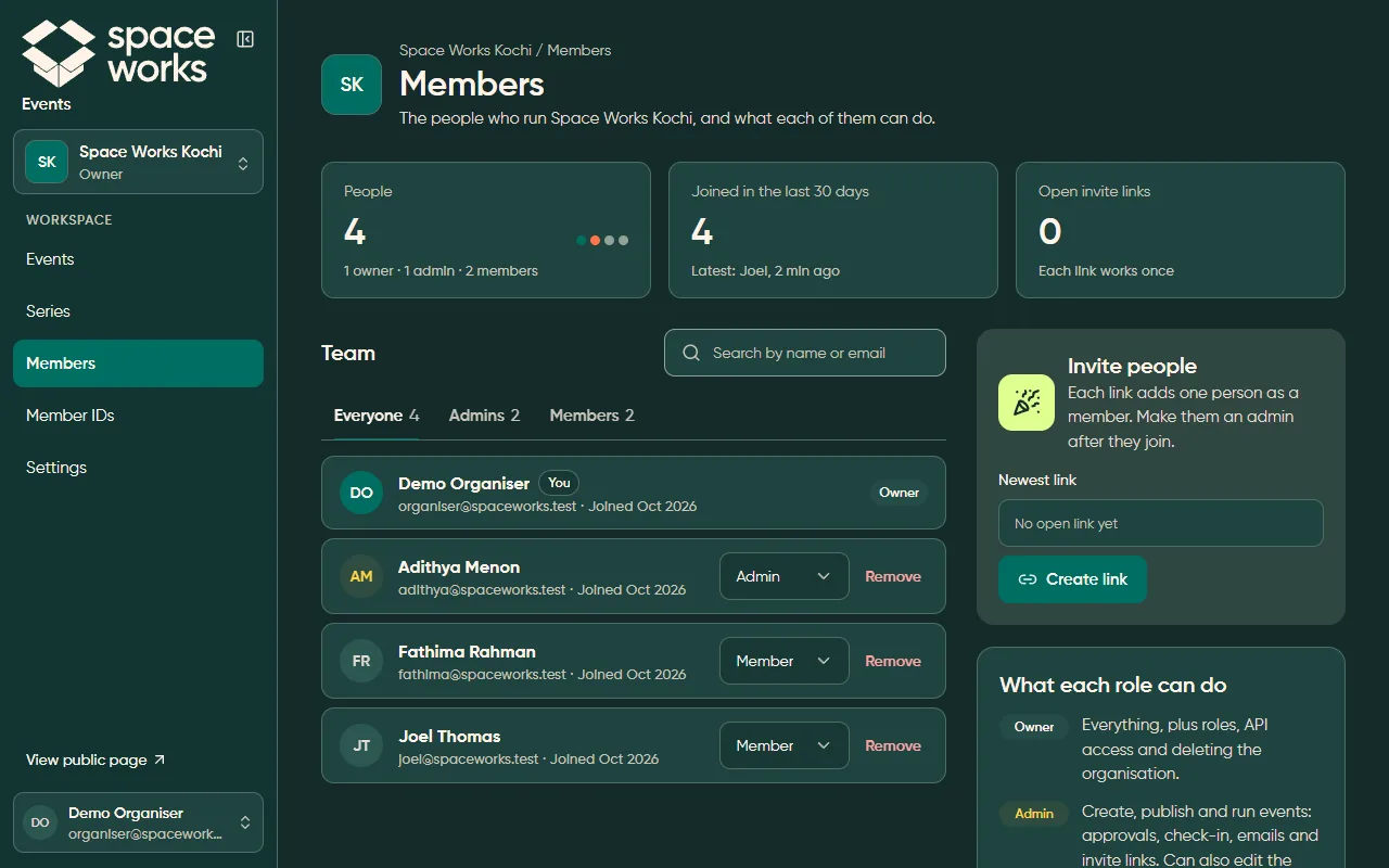 Team table with roles and an invite card, dark theme