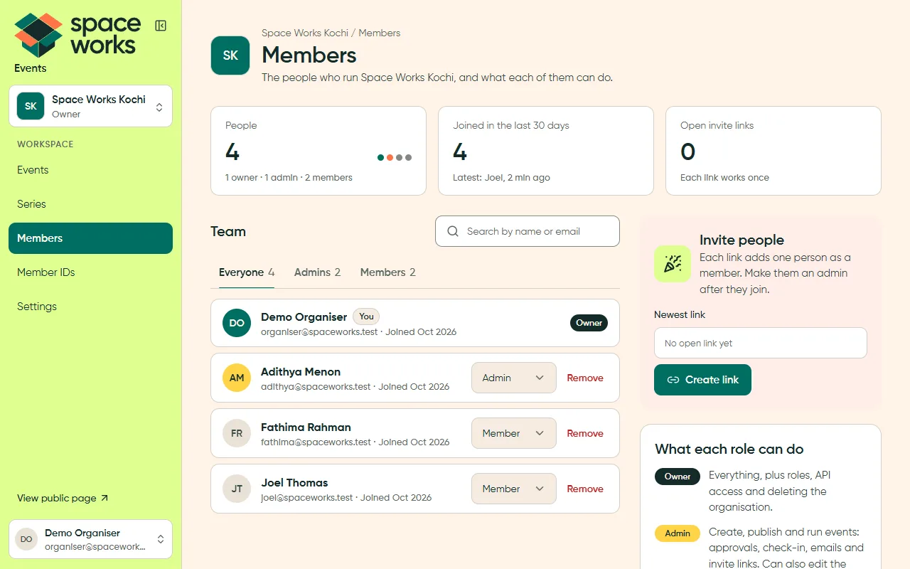 Team table with roles and an invite card, light theme