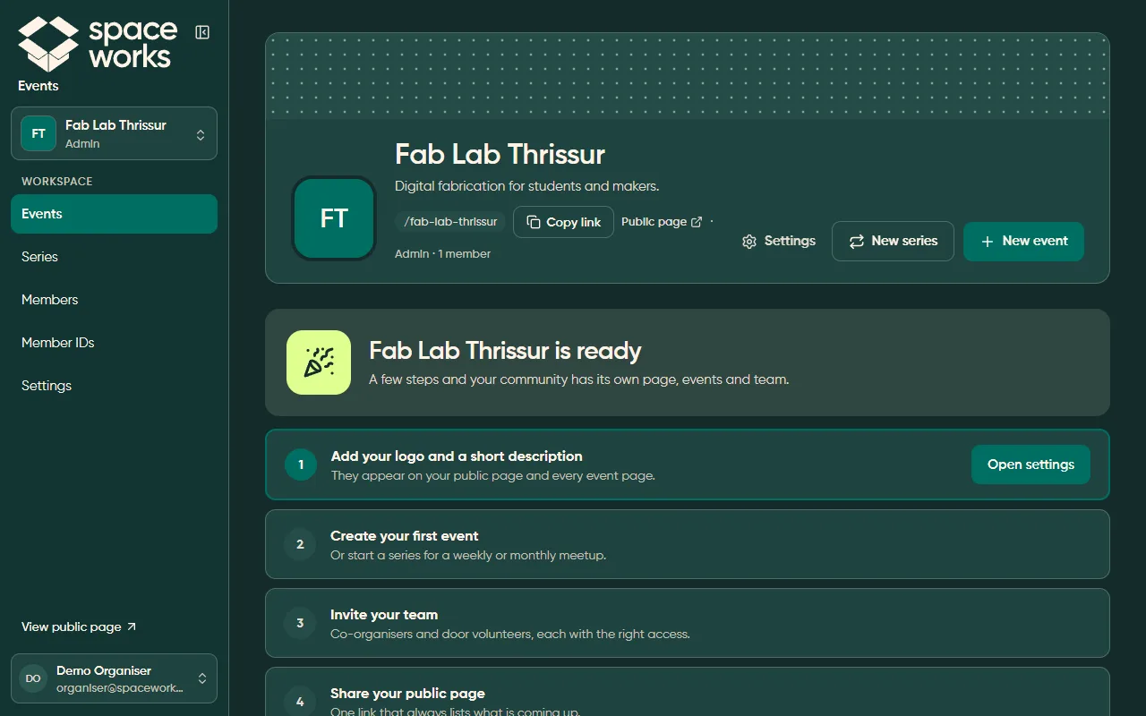 New organisation with the first-run checklist, dark theme
